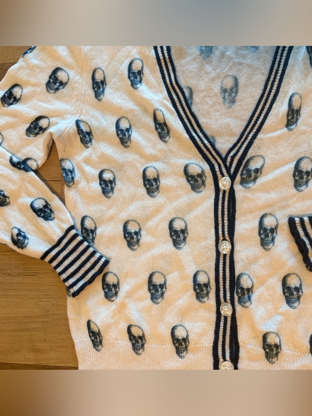 360 Cashmere Cream Cardigan with Navy Skull Motif and Striped Trim - Picture 2 of 4
